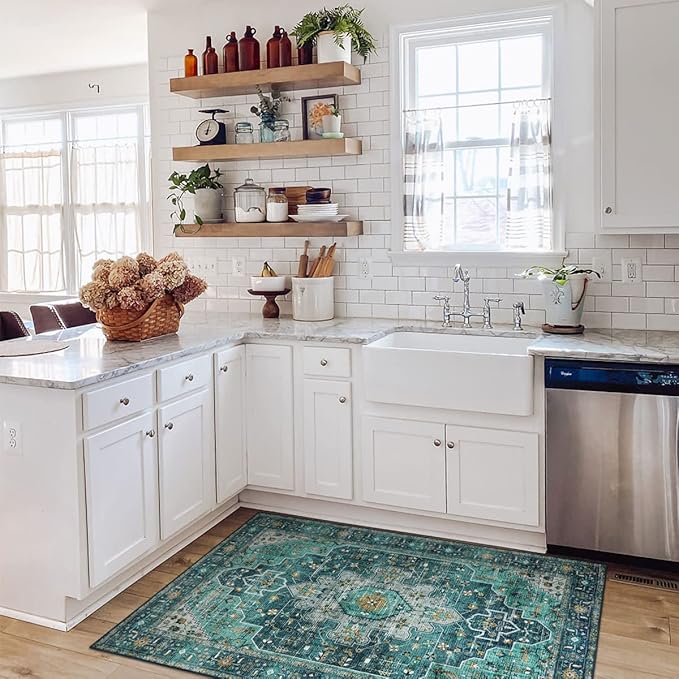 Moynesa Ultra-Thin Washable Vintage Area Rug - 3x5 Boho Entry Throw Rug Non-Slip Oriental Medallion Bedroom Mat Non-Shedding Indoor Floor Carpet for Living Laundry Room, Teal/Mutil