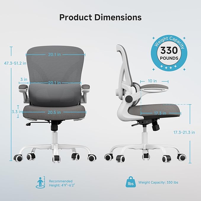 Office Chair with Adjustable Lumbar Support, 330 LBS Home Office Desk Chair with Flip-up Armrests, Mesh Computer Chair for Long Day Use, White and Gray