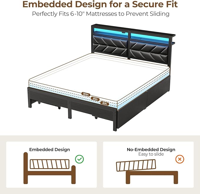 Seventable Full Size Bed Frame with 4 Storage Drawers, Charging Station & LED Lights, Upholstered Headboard with 2-Tier Shelves, Metal Platform Bed, No Box Spring Needed, Noise-Free, Black