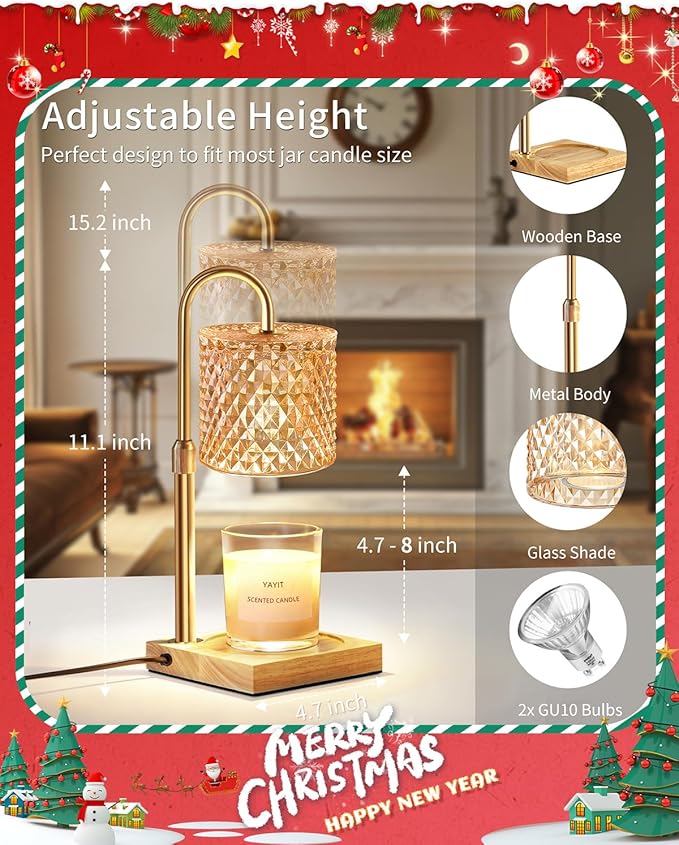 Candle Warmer Lamp with Timer Dimmer Adjustable Height, Candle Warmer with 2 Bulbs for Jar Candles, Home Decor, Birthday Gifts for Women