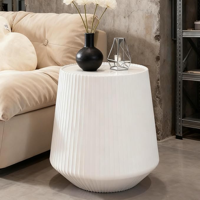 White Round Coffee Table with Sintered Stone Tabletop, 17.71" Drum Coffee Table with Fluted PU Leather Covered and Stable Base, Circle Cocktail Tea Table for Living Room