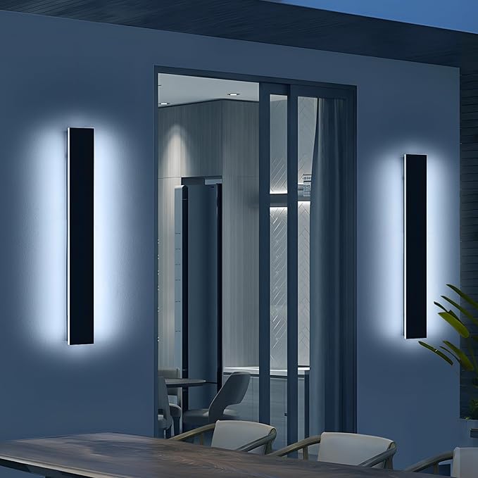 2 Pack 31.4inch Modern Exterior Wall Lights, 6000K Cold White, Outdoor Wall Mount Linear Sconces, 31W, IP65 Waterproof Minimalist Strip Led Lighting for House, Porch, Garage, Garden