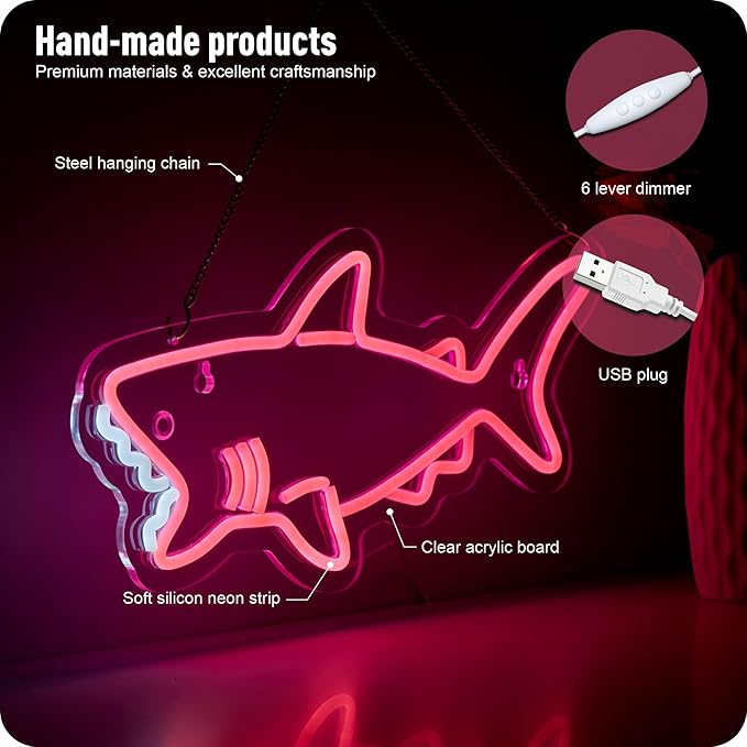 Pink shark neon sign for wall decor cute pink shark LED light wih Dimmer
