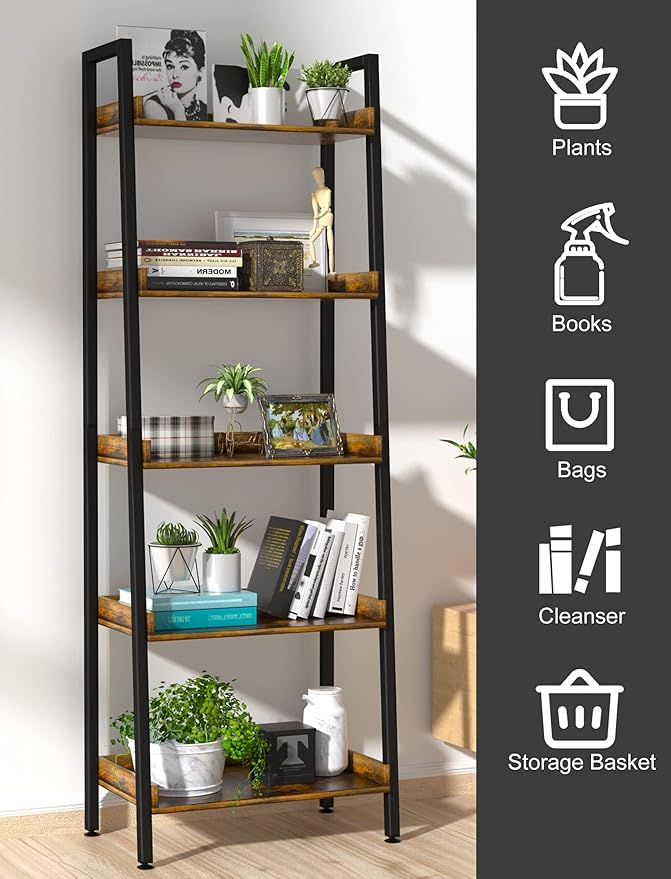ASTARTH Ladder Shelf-5 Tier Bookshelves w/Open Shelf for Storage, Industrial Bookshelf & Tall Ladder Shelf-Metal Frame for Bedroom, Living Room, Kitchen-67.3'' H, Easy Assembly, Rustic Brown (HD021)