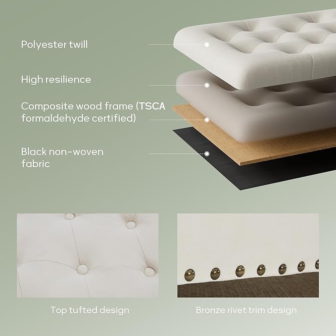 HUIMO 51-inch Storage Ottoman Bench with Removable Tray, Bedroom Bench with Button-Tufted, Safety Hinge Ottoman in Upholstered Fabrics, Large Long Bench for Living Room, Bedroom (Ivory)