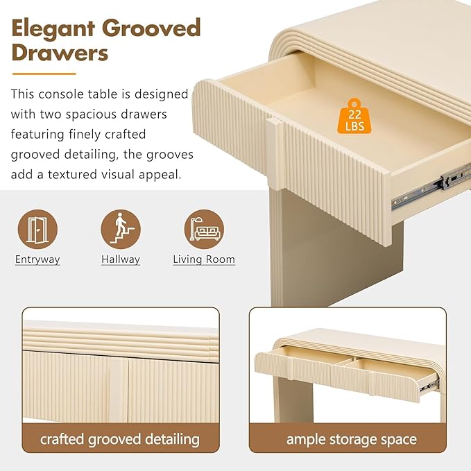 55'' Fluted Console Table with Storage Drawers, Wood Modern Curved Entryway Table with Storage for EntryWay, Hallway, Foyer (Beige)