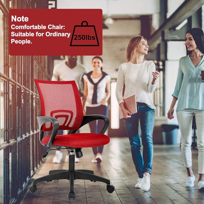 BestOffice | Ergonomic Office Chair | Mid-Back Swivel Desk Chair | Breathable Backrest & Lumbar Support | Adjustable Height | Sponge Seat | Rolling Wheels | Red | for Adults & Women