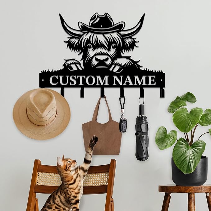 Personalized Highland Cow Metal Keys Hooks,Custom Name Metal Highland Cow Keys Hooks,Black Metal Highland Cow Wall Home Storage Decorative Keys Hooks,Key Holder Hooks for Wall (Style G)