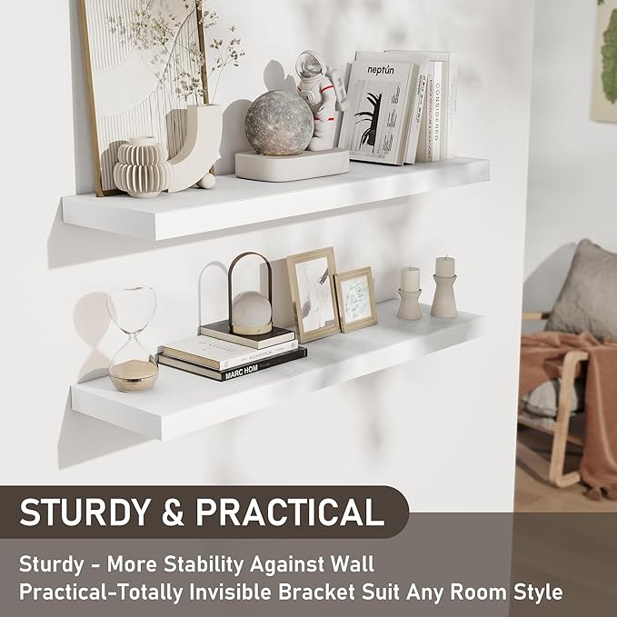 Fun Memories 36 Inch Floating Shelves, Wall Shelves Set of 2 for Bathroom/Living Room/Bedroom/Kitchen, White Floating Shelf for Wall Decor with Invisible Brackets