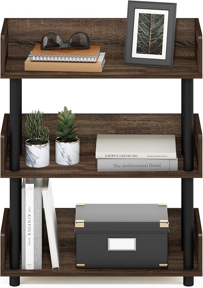 Furinno TURN-N-TUBE 3-Tier Display Shelf, Storage Shelves, Book Shelf, Open Shelves with Rounded Corner Top Edges, for Organization and Storage, Living Room, Home Office, Walnut