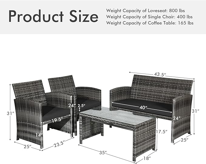 Goplus 4-Piece Rattan Patio Furniture Set, Outdoor Wicker Conversation Sofa with Weather Resistant Cushions and Tempered Glass Tabletop for Lawn Backyard Pool Garden (Black)