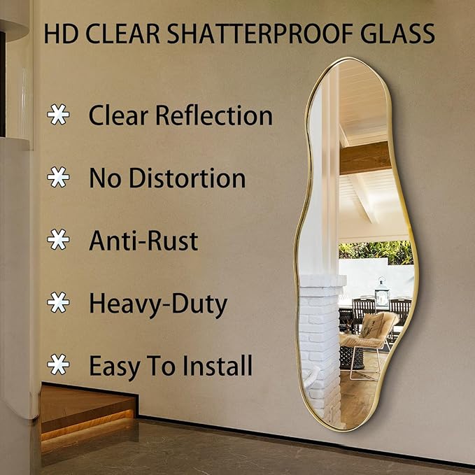 Irregular Mirror, 47"x20.5" Asymmetrical Wall Mirror with Gold Metal Frame, Large Abstract Mirrors Decorative, Modern Unique Shaped Mirrors for Living Room Bathroom Bedroom Hallway Entryway