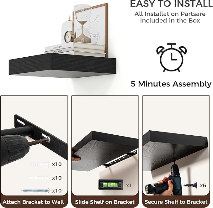 Square Floating Shelves for Wall, 12" W x 12" D x 2" H, 2 Pack of Small Wall Mounted Engineered Wood Shelves with Invisible Brackets for Living Room, Bedroom, Bathroom, Kitchen Decor, Black