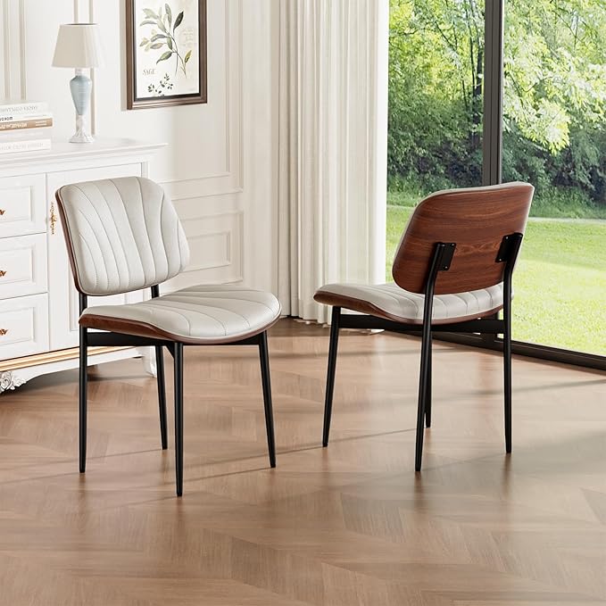 Dining Chairs Set of 2, Mid-Century Modern Upholstered PU Leather Chairs with Walnut Bentwood Back and Metal Legs Adjustable Feet for Kitchen Dining Room, Off-White Shell Strips