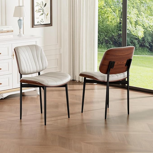 Dining Chairs Set of 2, Mid-Century Modern Upholstered PU Leather Chairs with Walnut Bentwood Back and Metal Legs Adjustable Feet for Kitchen Dining Room, Off-White Shell Strips