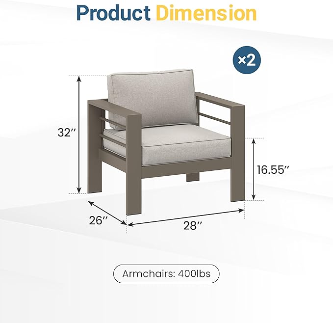 Wisteria Lane 2-Piece Patio Sofa Set, Metal Outdoor Armchair with Waterproof Upgraded Cushions, All-Weather Outdoor Single Sofa for Balcony, Garden, Deck, Backyard, Khaki