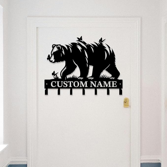 Personalized Custom Name Bear Key Wall Hooks,Metal Bear Keys Clothes Hooks,Metal Bear Wall Home Storage Decorative,For Front Door, Hallway, Kitchen, Bedroom,Keys,Hats (Style G)