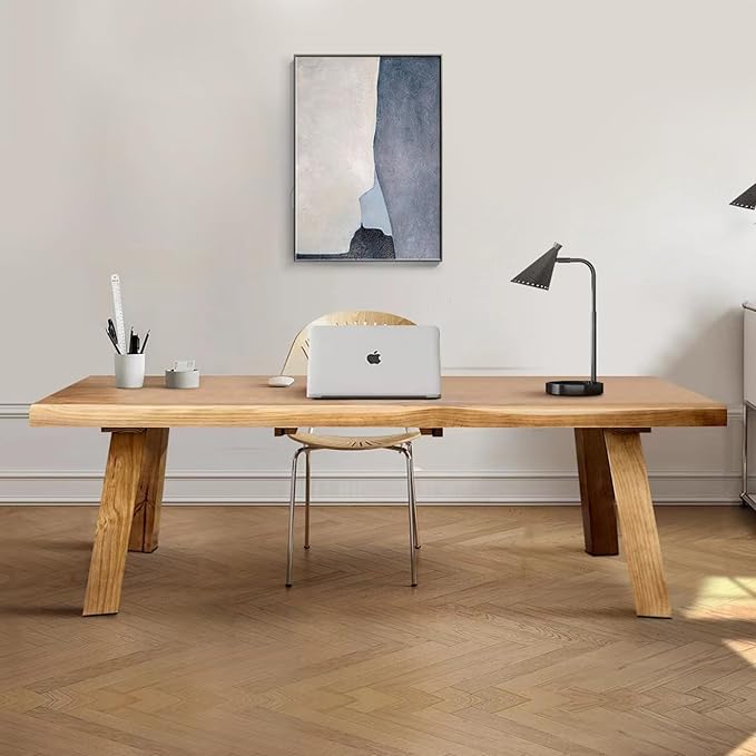 Solid Wood Desk 55 inches, Live Edge Wooden Home Office Computer Desk Modern Simple Design for Writing,Study,Dining,Gaming