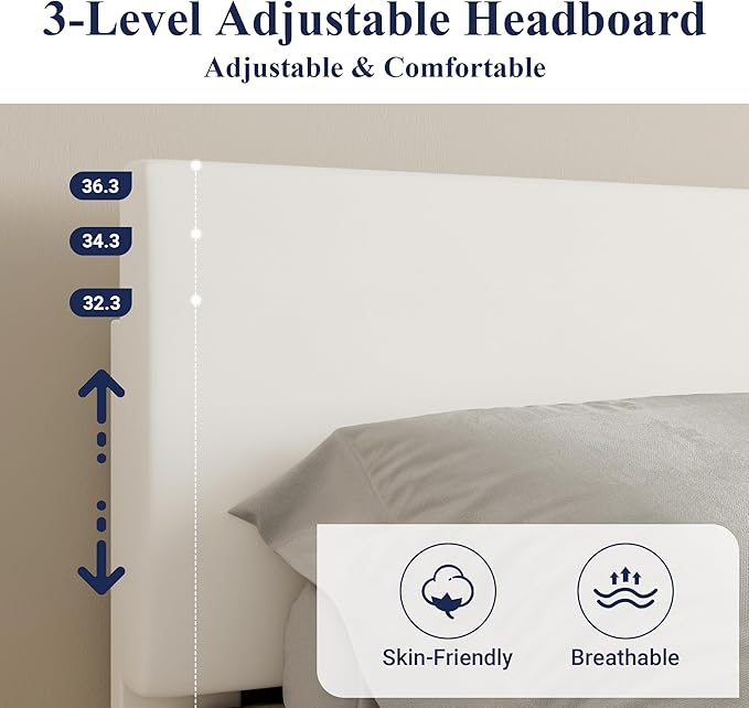 Allewie Queen Size Bed Frame with Adjustable Headboard, Faux Leather Platform Bed with Wood Slats, Heavy Duty Mattress Foundation, No Box Spring Needed, Noise-Free, Easy Assembly, White