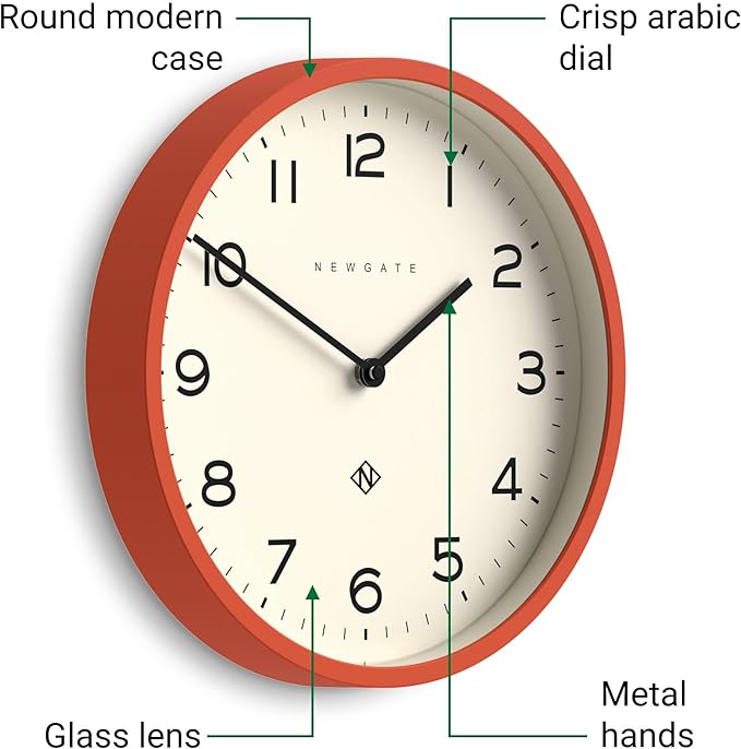NEWGATE® Number Four Echo Wall Clock | Modern Round Clock | 30cm | Orange | Easy to Read Numbers | Ideal for Kitchen, Living Room or Office