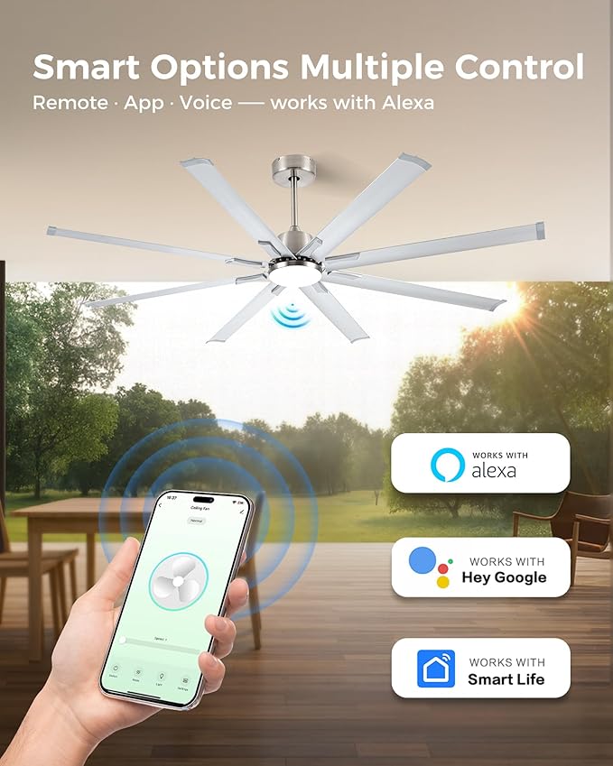 72In Brushed Nickel Aluminum Ceiling Fan with Light,Smart ceiling fan with Alexa and APP(via WIFI),6 Speed,3CCT,Quiet DC Outdoor Indoor fan for patio and Living Room