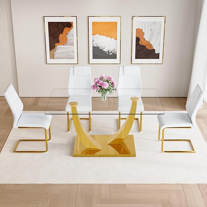AZmac 63" Glass Dining Table Set for 4,Luxury Gold Dining Room Set with Stainless Steel Pedestal, Rectangular Tempered Glass Kitchen Table with PU Leather Chairs, for Kitchen Apartment