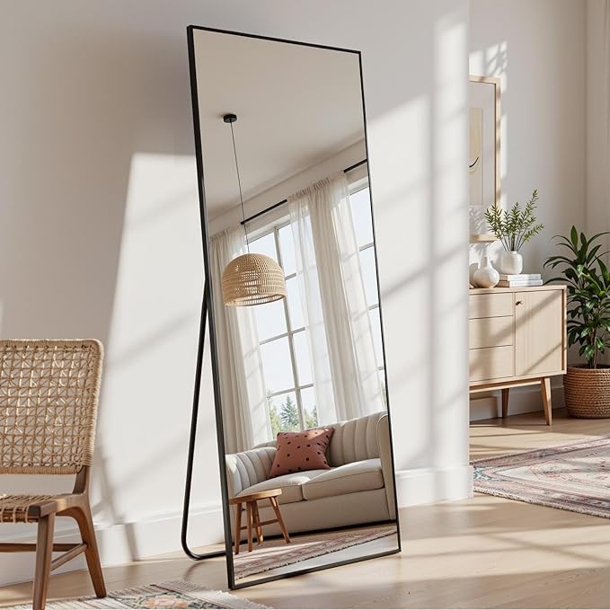 Full Length Mirror, 59"x18" Full Body Mirror, Floor Mirrors with Stand, Body Mirrors Standing Hanging Leaning Against Wall,Aluminum Frame Mirrors for Bedroom Cloakroom,Living Room,Black