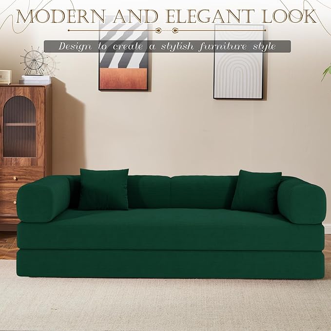 Antetek Convertible Futon Sofa Bed, 3-Seater Modern Corduroy Foam Floor King Size Bed Fold Out Sleeper Lounge Loveseat Sofa Couch with 2 Throw Pillows for Living Room Bedroom Guest Room, Turquoise