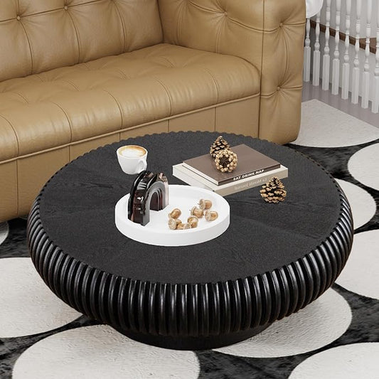 Black Round Coffee Table for Living Room Round Fluted Drum Coffee Table Modern Fluted Coffee Tables for Living Room (Black, 39.3 inch)