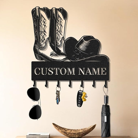 Personalized Key Holder for Wall, Custom Metal Cowboy Key Hooks with Name, Meta Jacket Holder Hooks Organizer Rack, Jacket Hanger Decor for Kitchen, Entryway, Hallway, Office, Doorway