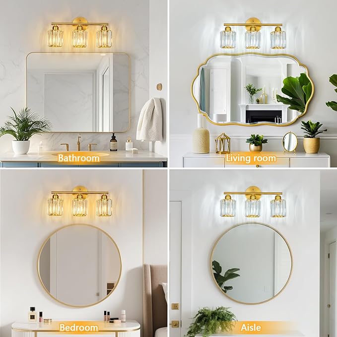 Modern 3 Light Crystal Vanity Light, Brushed Gold Vertical Bathroom Light Fixture Over Mirror for Dressing Table Sink, Compatible with Dimmable Bulbs (Bulbs Not Included)