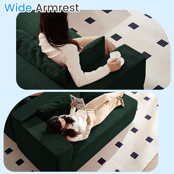 PUREMIND 106" Cloud Sectional Couch for Living Room, Corduroy L Shape Sofa with Deep Seat, Modern Green Couches Modular Boneless Foam Couch Corner Couches, No Assembly Required