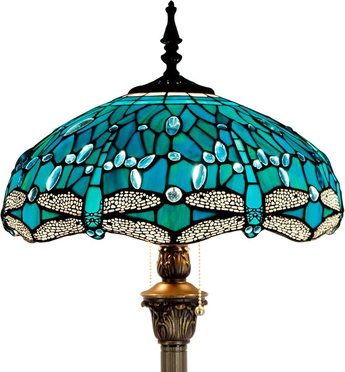 WERFACTORY Tiffany Floor Lamp Dragonfly Green Stained Glass Standing Reading Light 16X16X64 Inches Antique Pole Corner Lamp Decor Bedroom Living Room Home Office S622 Series