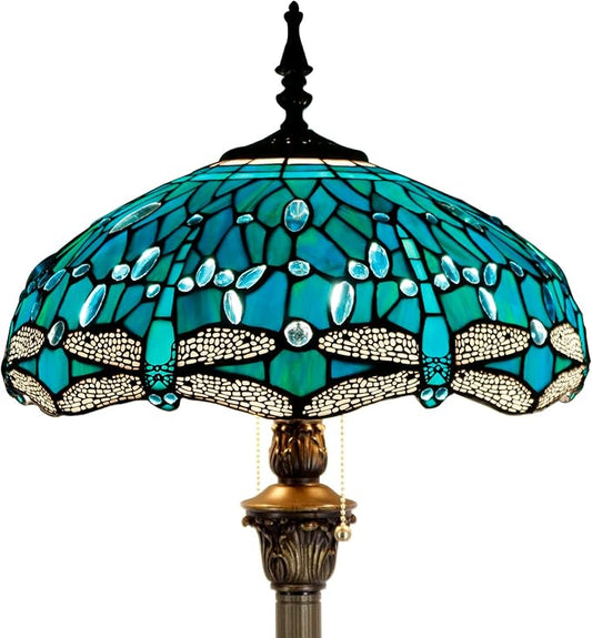 WERFACTORY Tiffany Floor Lamp Dragonfly Green Stained Glass Standing Reading Light 16X16X64 Inches Antique Pole Corner Lamp Decor Bedroom Living Room Home Office S622 Series