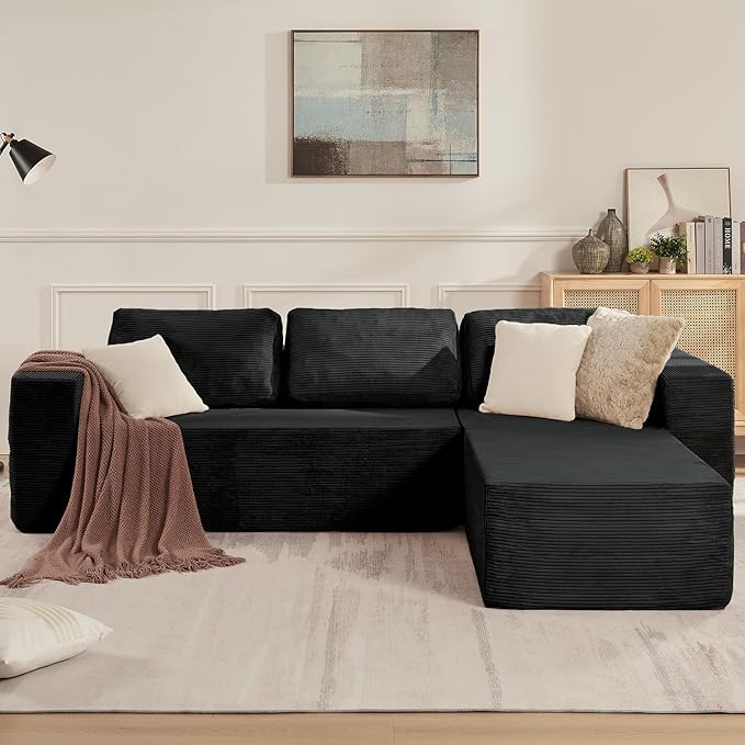 40" Modular Upholstered Foam Couch, Upholstered Floor Sofa Couch with Pillow, Single Sofa for Bedroom Living Room, No Assembly Required (Corduroy Fabric, Black)