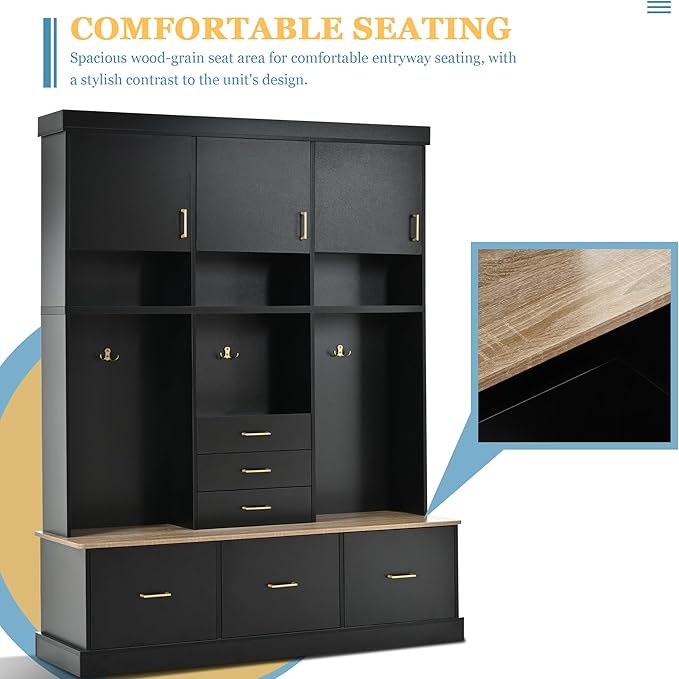 Merax 5-in-1 Hall Tree with Bench and Storage, Modern with Coat Rack, 6 Drawers, 3 Cabinets and 3-Tier Top Storage for Hallway, Entryway, Living Room, Black