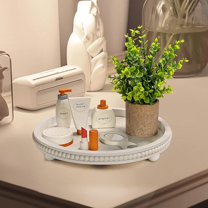 Wooden Beaded Decor Tray for Coffee Table, Rustic Wooden Trays Table Centerpieces, Decorative Trays for Home Decor Kitchen Table Farmhouse Serving Tray (Round White)