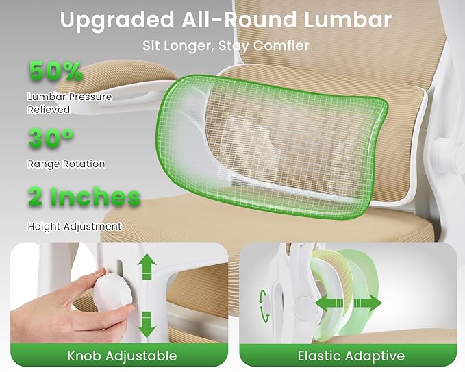 Ergonomic Office Chair, Comfy Desk Chair with Adjustable Lumbar Support, Mesh Computer Chair with Wheels, Flip-up Armrests, Swivel Rolling Executive Chair for Home Office, Gaming, Khaki