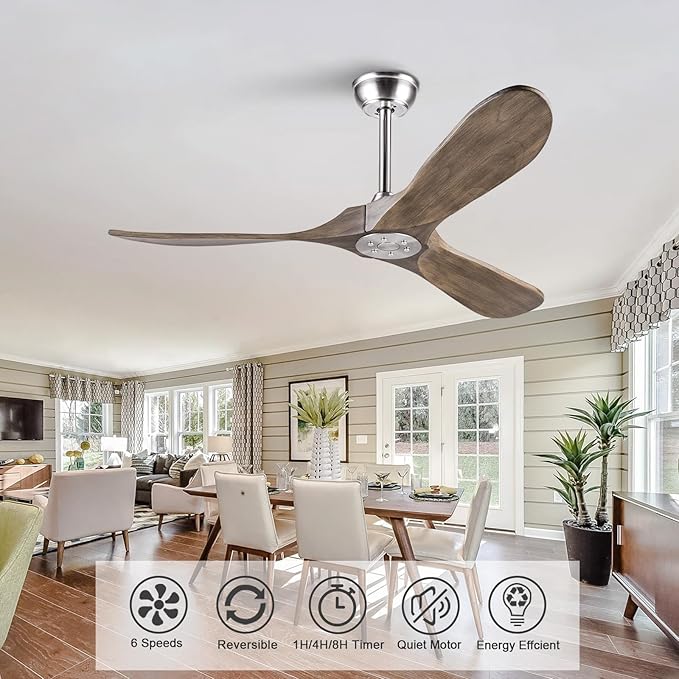 52 inch Ceiling Fan without Light, Quiet Reversible DC Motor Wood Ceiling Fan no Light, 3 Blades Modern Ceiling Fan with Remote Control for Outdoor Indoor Farmhouse Patios