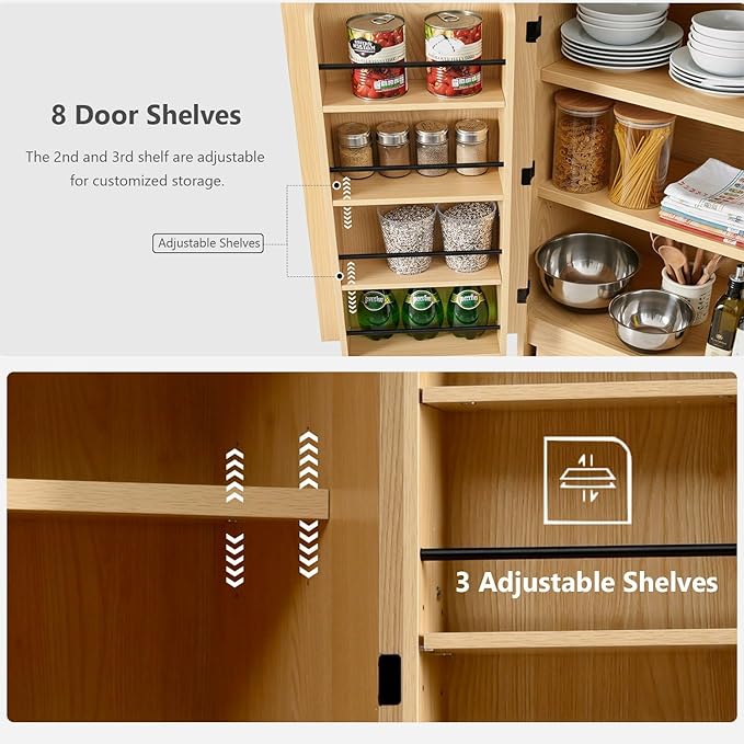Merax 72" Tall Farmhouse Kitchen Pantry Cabinet with 8 Door Shelves, Curved Design Storage Cabinet with 3 Adjustable Shelves, Hidden Drawer, Versatile Cupboard for Kitchen, Dining & Bathroom, Natural