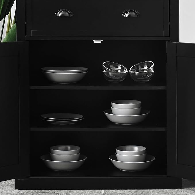 HOMCOM 72.5" Kitchen Pantry Cabinet, Traditional Freestanding Storage Cabinet with 4 Doors, Drawer and 3 Adjustable Shelves for Dining Room, Black