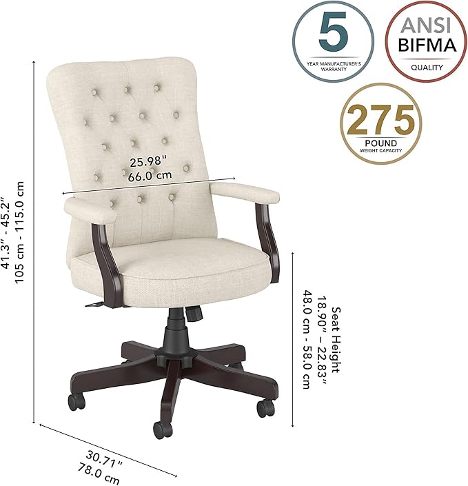 Bush Business Furniture Arden Lane High Back Tufted Office Chair with Arms in Cream Fabric, Comfortable Computer Desk Seating for Home or Professional Workspace