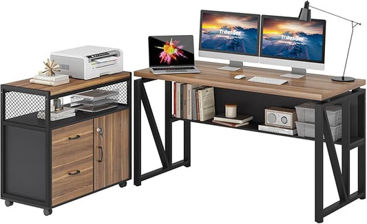 Tribesigns 55" Executive Desk with Reversible File Cabinet, Large L-Shaped Office Desk with Drawers, Business Furniture Workstation for Home Office (Dark Walnut, 55-inch)