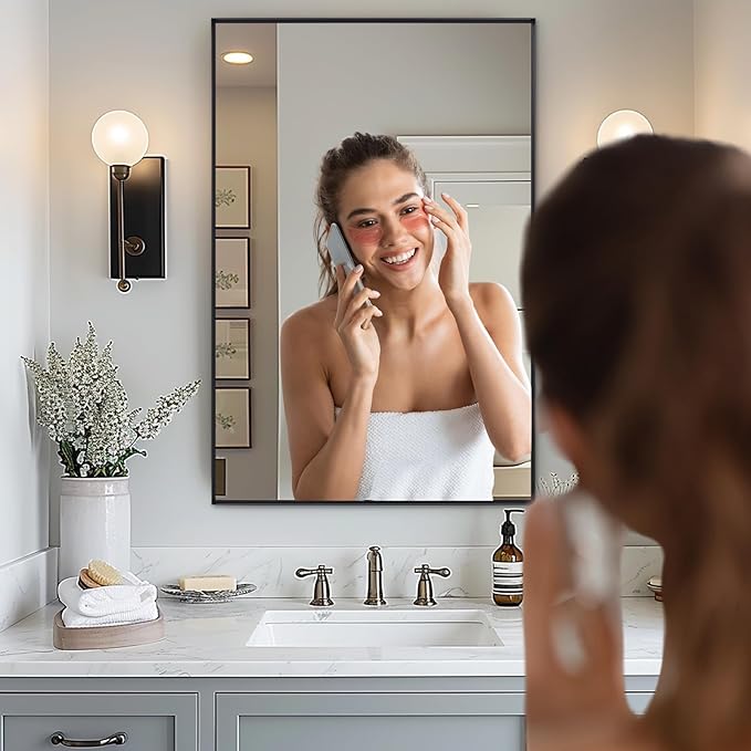 Wall Mirror 24" x 36" for Bathroom Modern Black Deep Frame Mirror for Wall Decorative Horizontal or Vertical Wall Mounted Mirror for Bedroom Living Room Entryway Wall Decor