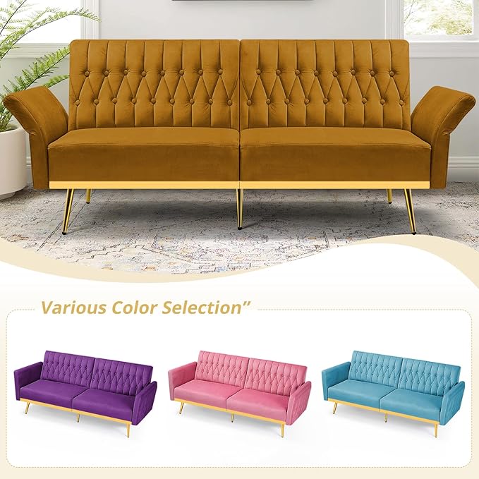 70” Velvet Futon Sofa Bed with 2 Pillows and Adjustable Armrests, Convertible Sleeper Bed W/Adjustable Backrests, Modern Loveseat for Living Room, Bedroom, Ginger