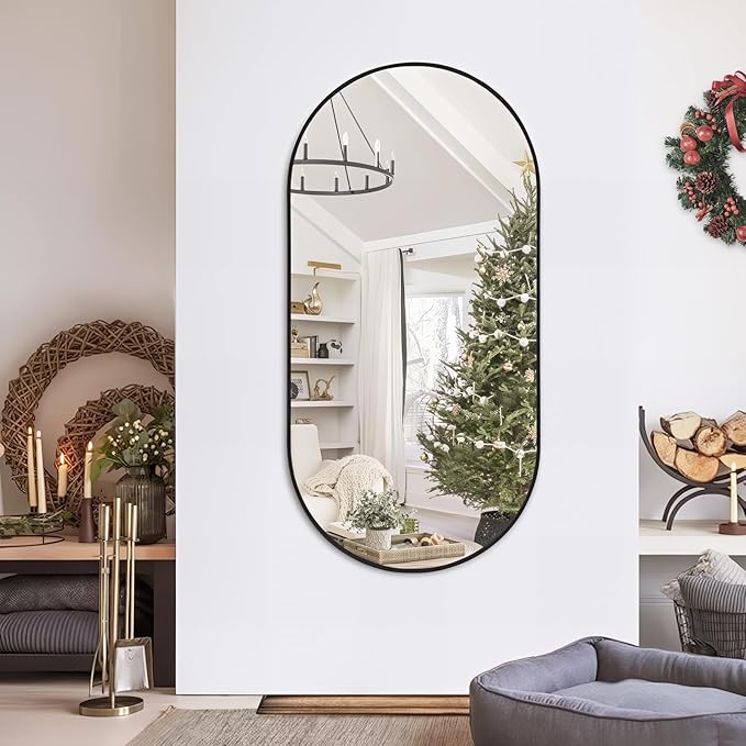 Oval Full Length Mirror, 60"×30" Wall-Mounted Mirror with Metal Frame, Ultra-Clear Explosion-Proof Dressing Mirror, Simple and Classic Deco for Cloakroom/Bedroom/Living Room, Black