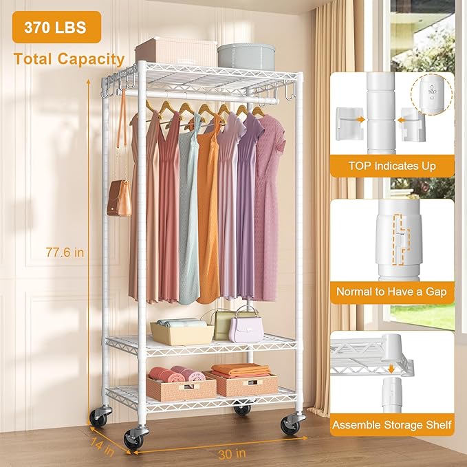 FUTASSI P6 Medium Rolling Clothes Rack Heavy Duty, Clothing Racks for Hanging Clothes, Freestanding Garment Rack with Wheels, Portable Closet Rack Max Load 370 LBS, 30''W x 14''D x 77.6''H, White