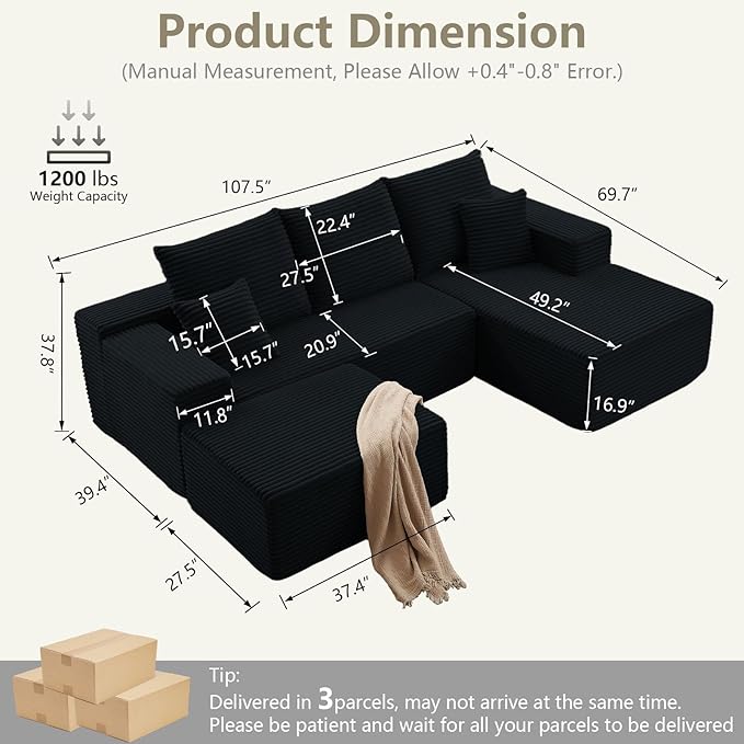 107" U-Shape Cloud Couch, Modern Modular Sectional Comfy L-Shape Sofa with Ottoman, Deep Seat, Upholstered Corduroy Sleeper Chaise Longue for Living Room Bedroom, No Assembly Required, Black