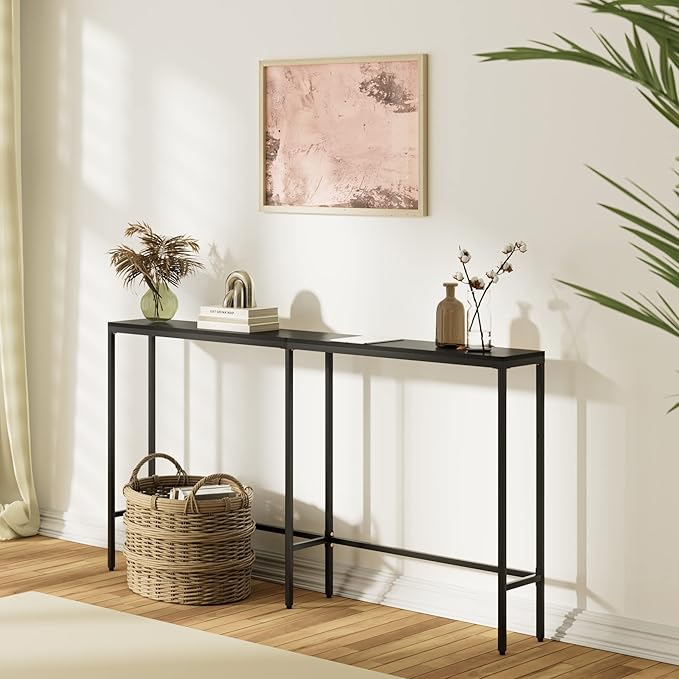 63" Console Table,Modern Narrow Long Sofa Table Behind Couch,Skinny Entry Table with Black Metal Frame for Living Room, Hallway,Classic Black