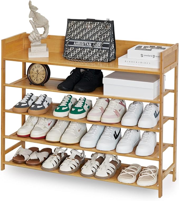 Bamboo Shoe Rack Organizer, 5 Tier Shoe shelf Storage Organizer, For Entryway, Hallway, and Closet (Nature-39.4")